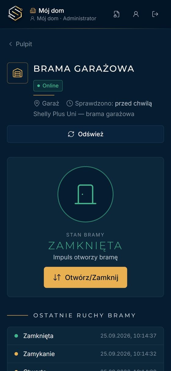 Aplikacja SOPHIA: brama garażowa — stan zamknięta i przycisk otwórz/zamknij