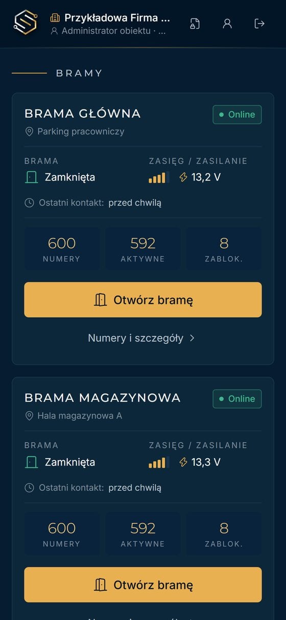 Panel SOPHIA na telefonie: bramy firmy i przycisk otwarcia